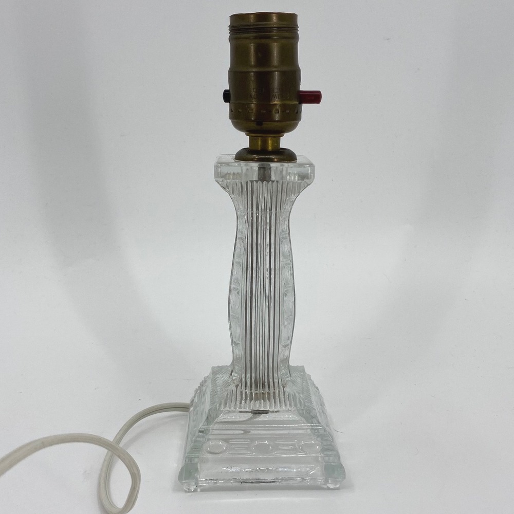 Vintage‎ Clear Pressed Glass Column Vanity Lamp Brass Socket Push Button 8.5in